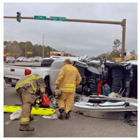 Firefighters and emergency medical crew respond to a Level 1 mass causality incident